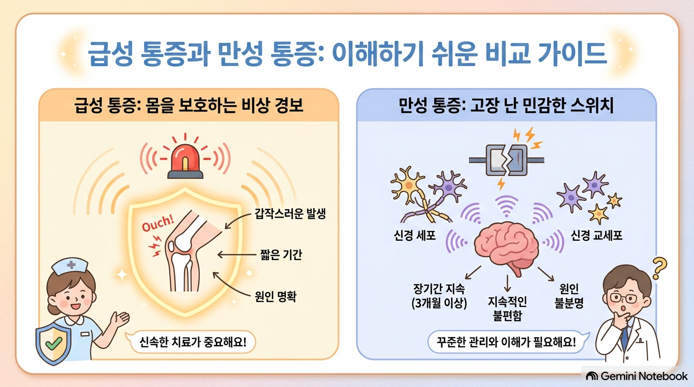 [그림 1] 급성 통증(비상 경보) vs 만성 통증(고장 난 스위치/중추감작) 비교