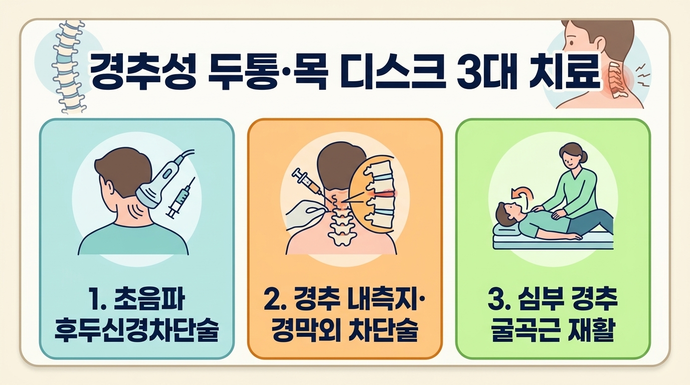 [그림 3] 경추성 두통 및 목 디스크 극복을 위한 3대 비수술 치료 기둥