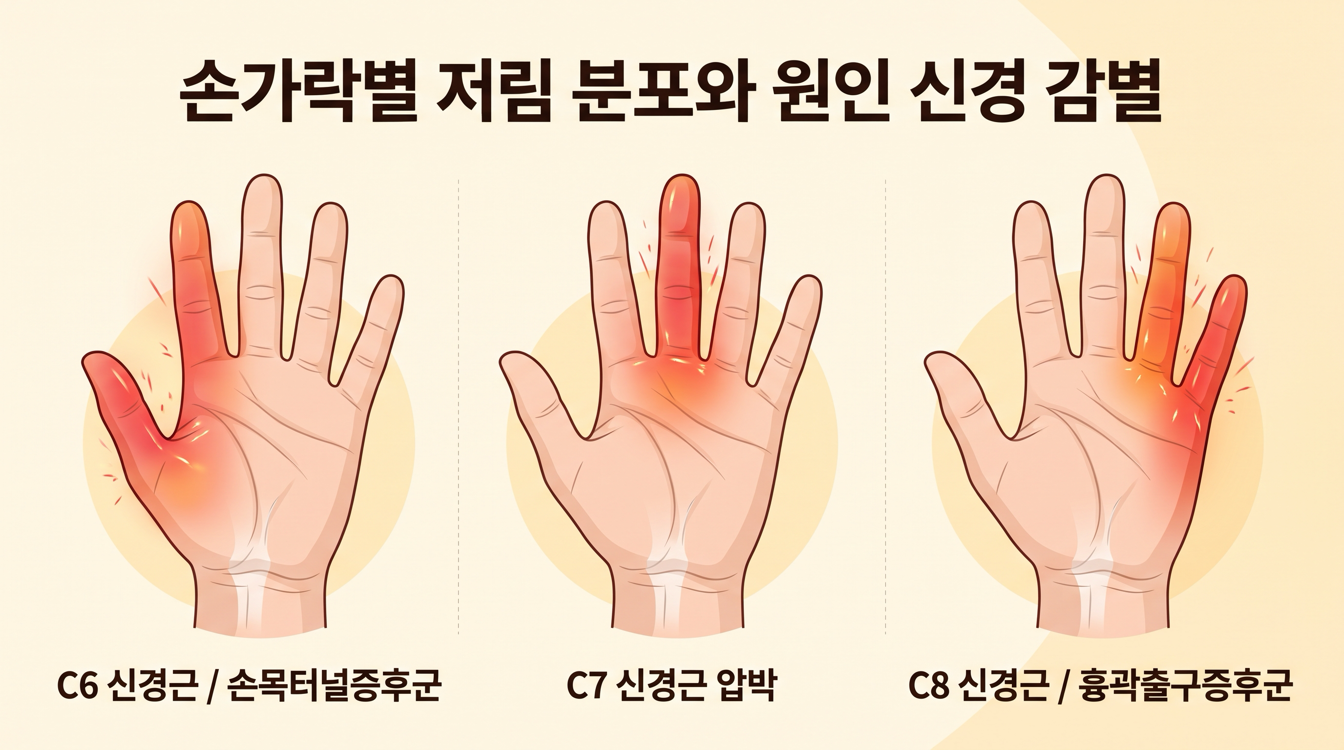[그림 2] 손가락별 저림 분포 지도: 경추 신경근(C6·C7·C8) vs 흉곽출구증후군 vs 손목터널증후군 비교