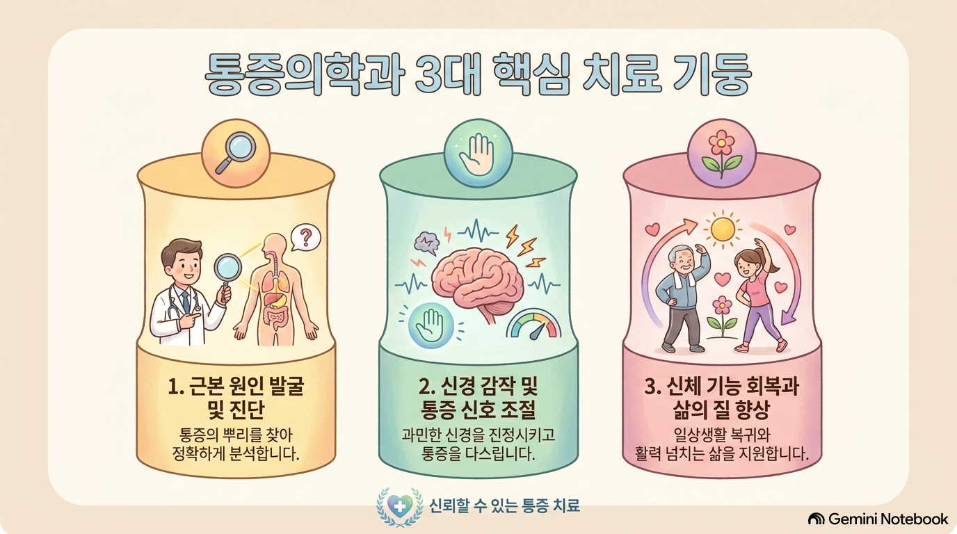 [그림 2] 통증의학과 3대 핵심 치료 기둥: 원인 발굴·신경감작 조절·기능 회복