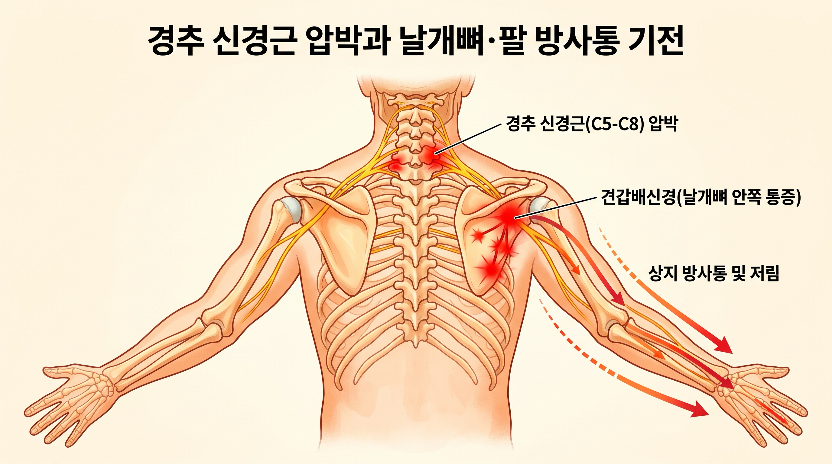 [그림 1] 경추 신경근(C5~C8) 자극에 따른 날개뼈 안쪽(견갑배신경) 연관통 및 상지 방사통 경로