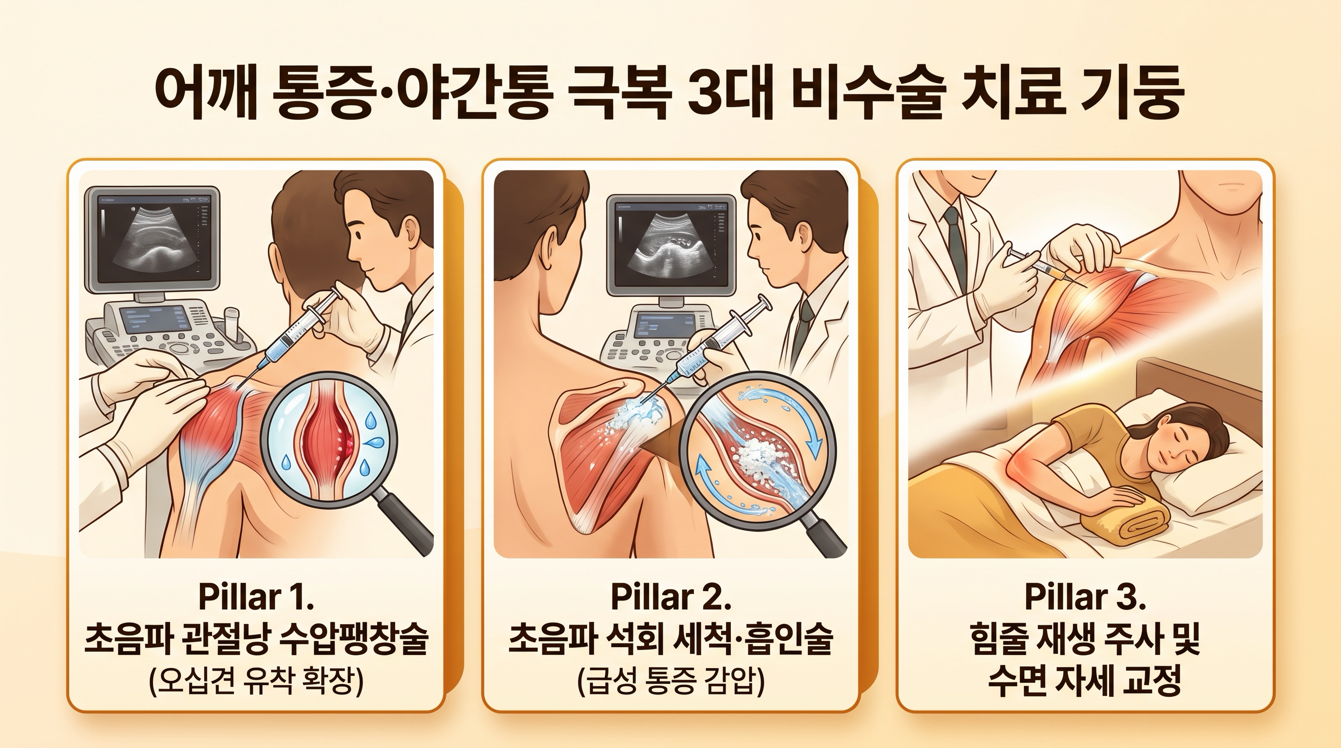[그림 3] 어깨 통증 해소를 위한 3대 비수술 치료 기둥: 관절낭 수압팽창술 · 석회 세척술 · 초음파 힘줄 재생 치료