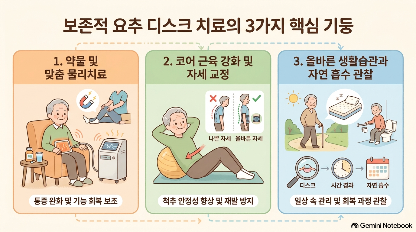 [도해] 보존적 요추 디스크·척추 비수술 치료의 3가지 핵심 기둥
